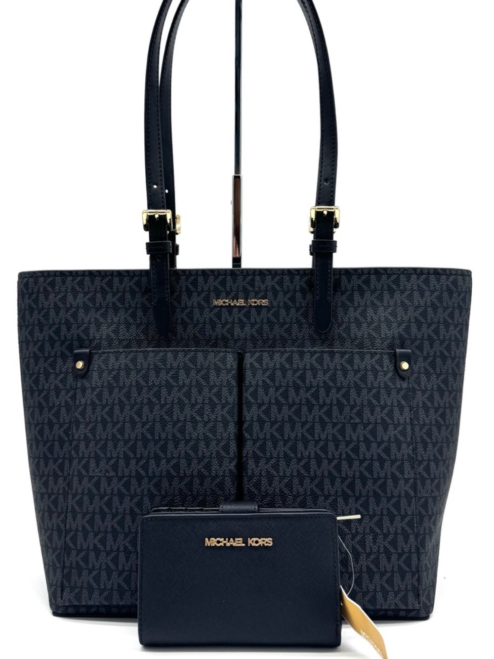 Michael Kors Jet Set Medium Pocket Tote Bag & Matching Bifold Wallet Black/Gold
